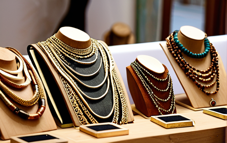 **Prompt:** Close-up of handcrafted jewelry made from recycled materials, fair trade certified gold, natural elements like wood, displayed at a sustainable craft fair in Istanbul, soft natural lighting.
