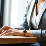 A professional woman, fully clothed in a modest business blazer, gently touching a simple, elegant bracelet on her wrist. The bracelet is crafted from recycled silver, featuring a subtle, ethically sourced, lab-grown gemstone, and has a timeless, minimalist design. She is seated at a clean, contemporary wooden desk in a sunlit, modern office space. Soft, diffused natural light illuminates the scene, highlighting the quality and ethical nature of the accessory. Perfect anatomy, correct proportions, natural pose, well-formed hands, proper finger count, natural body proportions. Professional photography, high detail, sharp focus, clean aesthetic, natural colors. Fully clothed, appropriate attire, modest clothing, professional dress, safe for work, appropriate content, family-friendly.