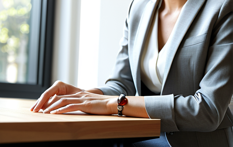 A professional woman, fully clothed in a modest business blazer, gently touching a simple, elegant bracelet on her wrist. The bracelet is crafted from recycled silver, featuring a subtle, ethically sourced, lab-grown gemstone, and has a timeless, minimalist design. She is seated at a clean, contemporary wooden desk in a sunlit, modern office space. Soft, diffused natural light illuminates the scene, highlighting the quality and ethical nature of the accessory. Perfect anatomy, correct proportions, natural pose, well-formed hands, proper finger count, natural body proportions. Professional photography, high detail, sharp focus, clean aesthetic, natural colors. Fully clothed, appropriate attire, modest clothing, professional dress, safe for work, appropriate content, family-friendly.